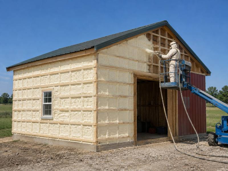 Workshop wall being sprayed with foam from a lift in Elmira