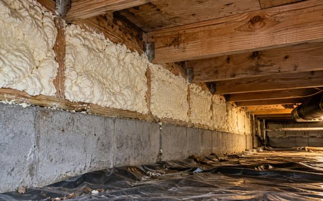 Crawl space with spray foam on the walls above a ground cover in Elmira