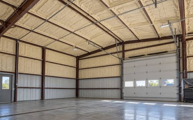 Service garage with spray foam on the walls and roof