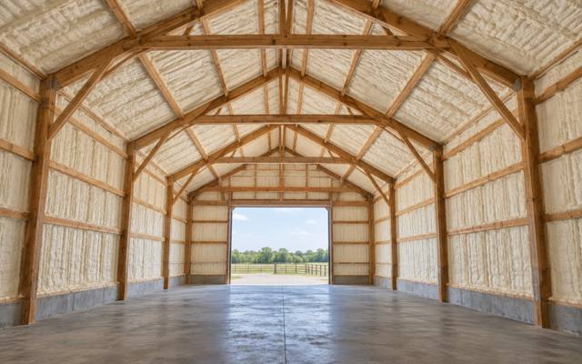 Timber frame barn with spray foam on the walls and roof in Elmira