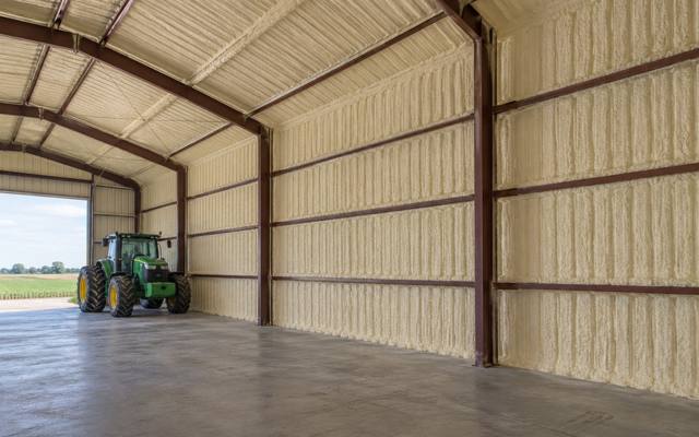 Machinery shed with spray foam on the steel walls and roof